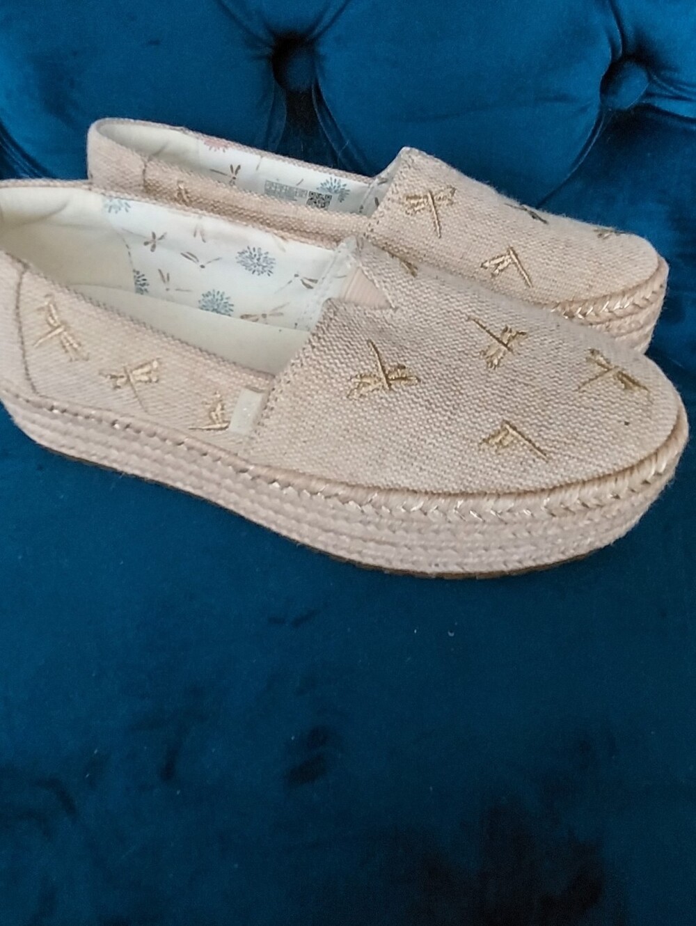 Beige Platform Espadrille Slip-On Shoes With Gold Dragonflies - Picture 7 of 7